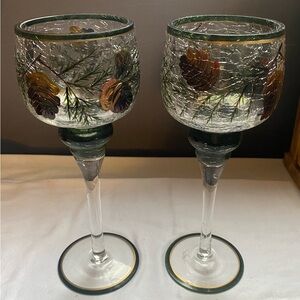 Lot of 2 Yankee Candle crackle glass pinecone stemmed votive / tea light holders